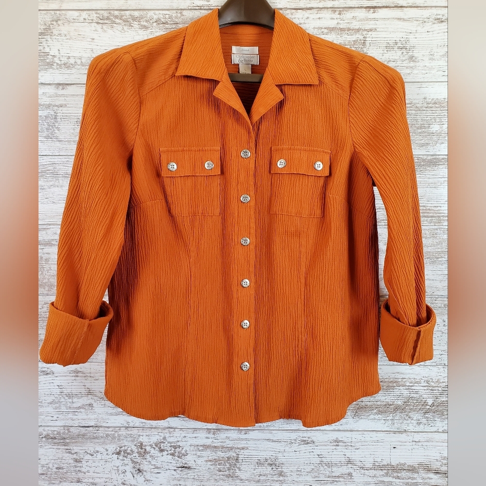 Christopher & Banks Orange Crinkle Convertible Roll Tab Stretch Button Up Blouse
